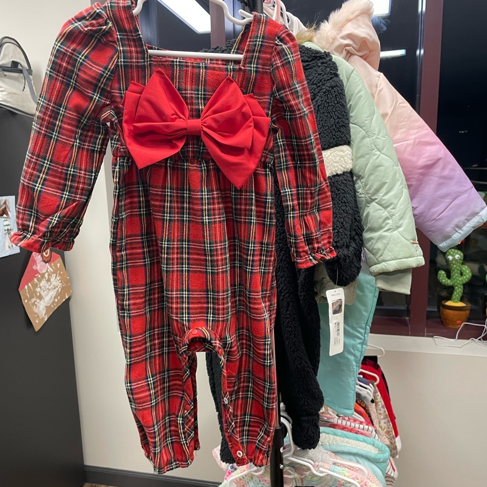 Girls plaid one piece with huge bow on front